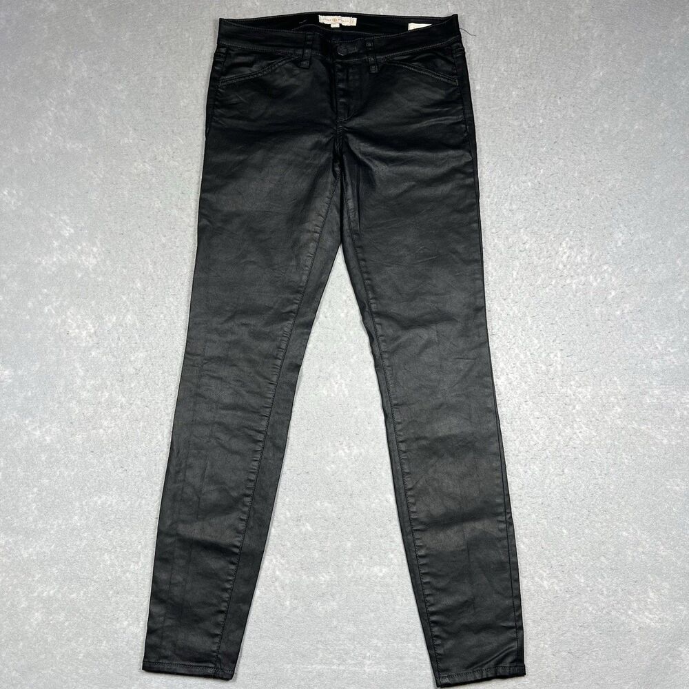 Tory Burch Pants Faux Leather Wax Coated SZ 27 Skinny High Waist Logo 5-Pockets
